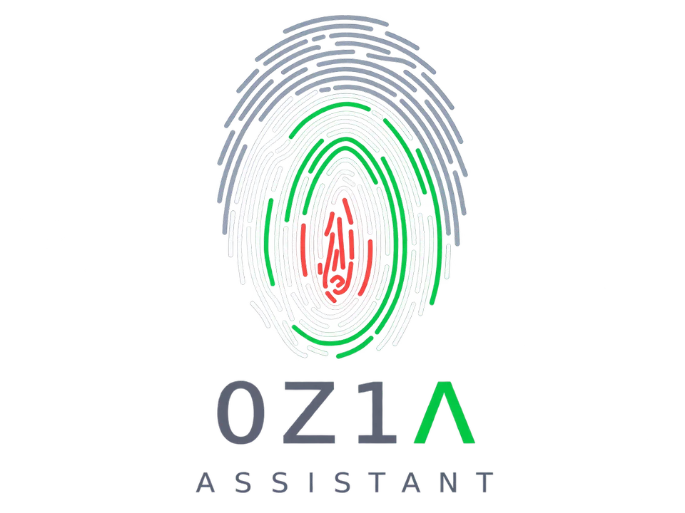 Marca 0Z1A ASSISTANT: huella en gris, verde y rojo sin fondo